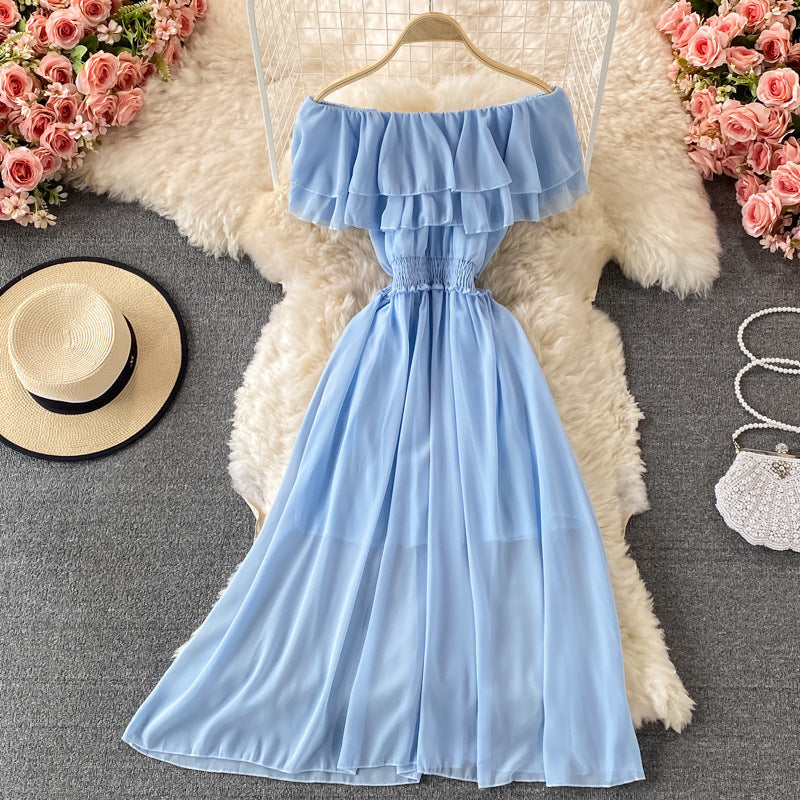 Robe trapèze en mousseline volantée à épaules dénudées, taille unique, plusieurs coloris