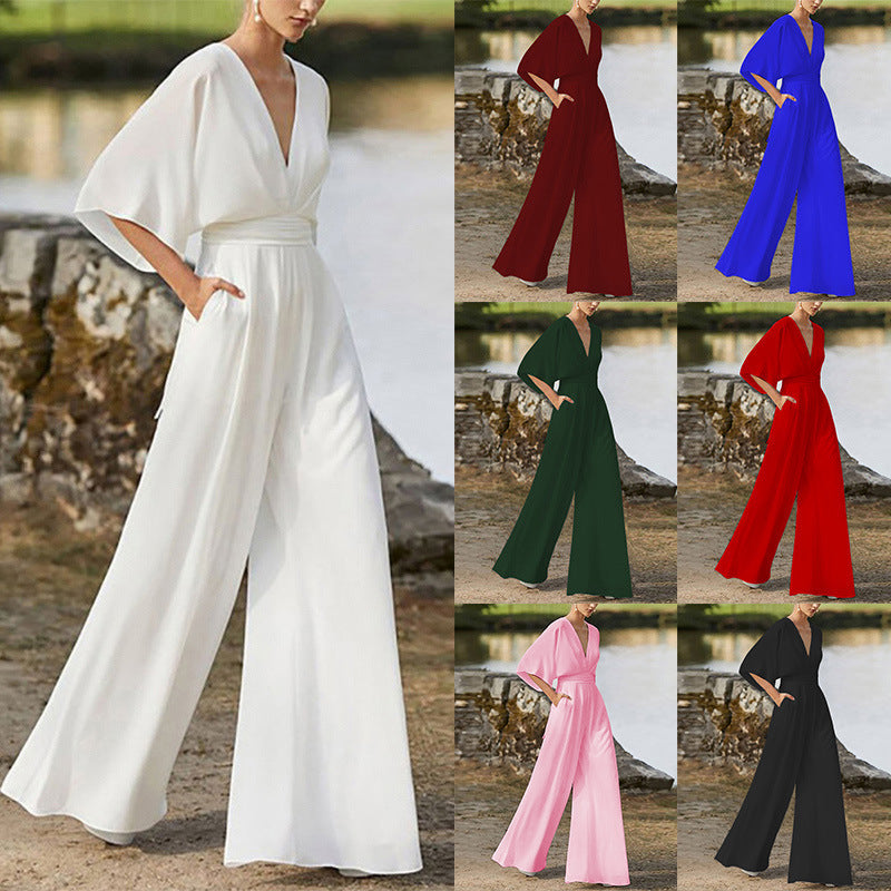 Women's Deep V High Waist Wide Leg Jumpsuit