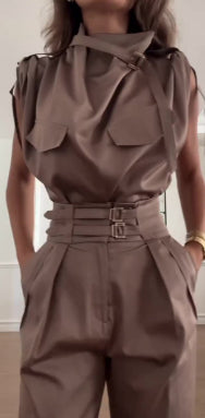 Shoulder and Waist Slimming Blouse with Belt and Pants Set