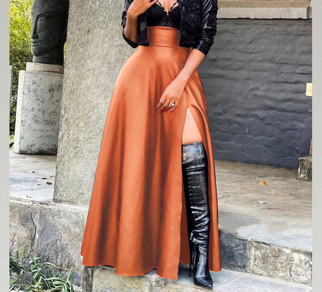 Women's High Waist Irregular Split PU Leather Skirt