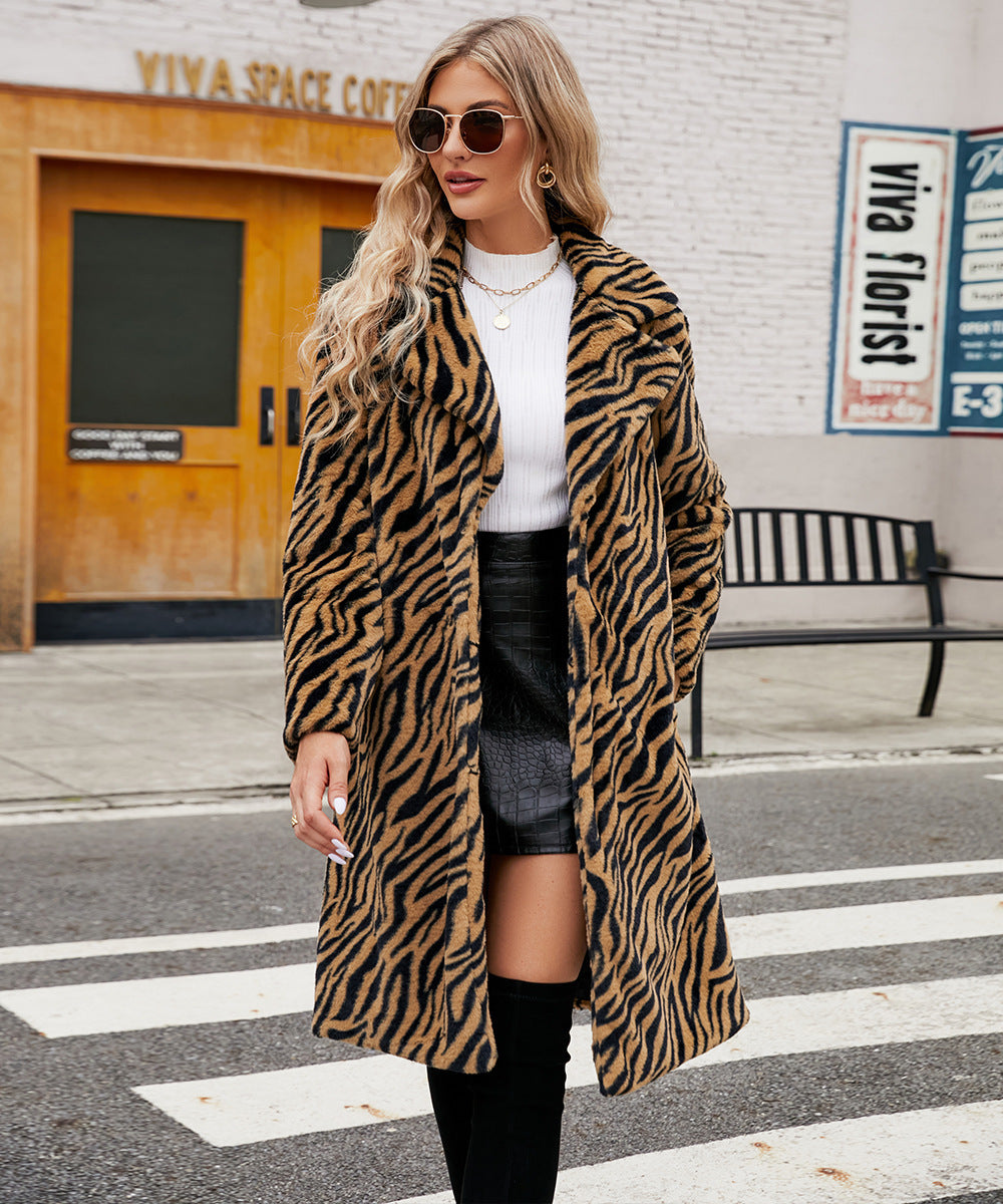 Zebra Pattern Faux Fur Long Coat Artificial Leather Collar Autumn Winter Plush Coat