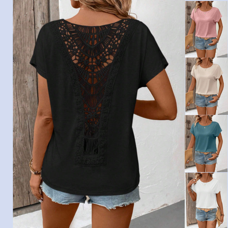 Lace Patchwork Short Sleeve T-Shirt for Women