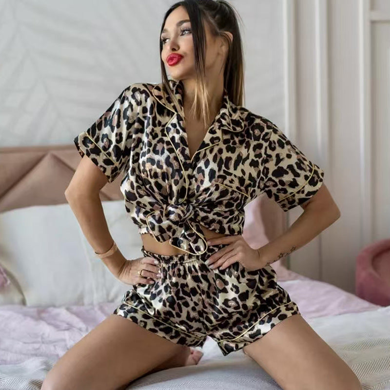 Leopard Print Ice Silk Pajamas with Faux Silk, Long Sleeve, Multiple Sizes