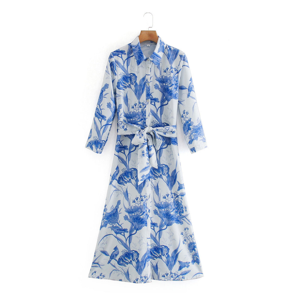 Printed Lace-Up Shirt Dress Polyester Cotton Blend