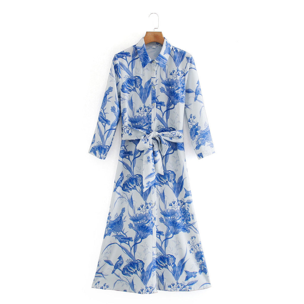 Printed Lace-Up Shirt Dress Polyester Cotton Blend