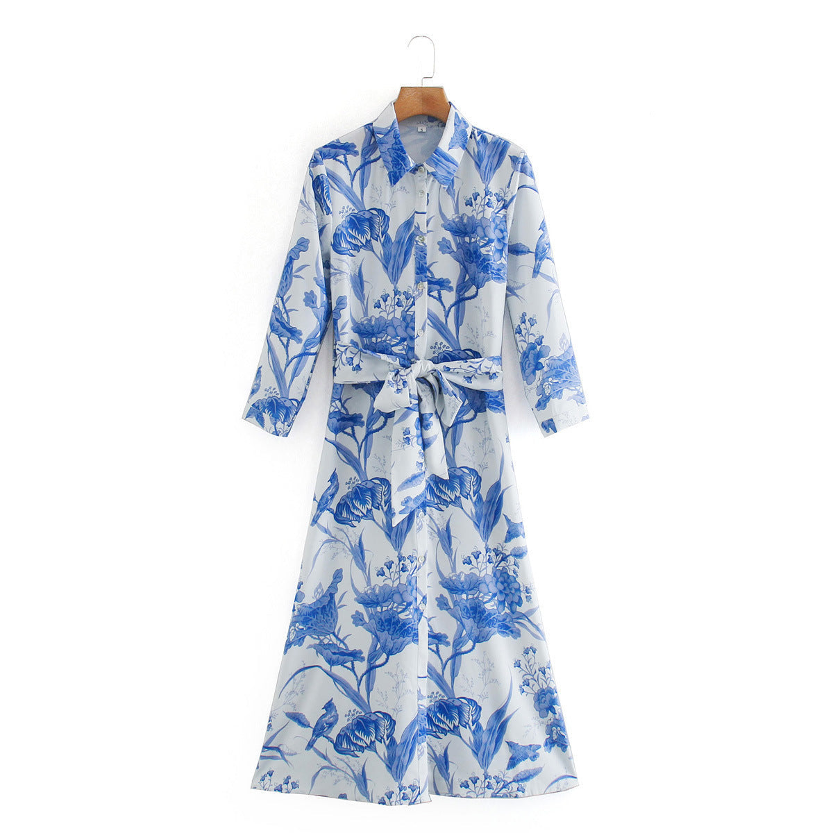 Printed Lace-Up Shirt Dress Polyester Cotton Blend