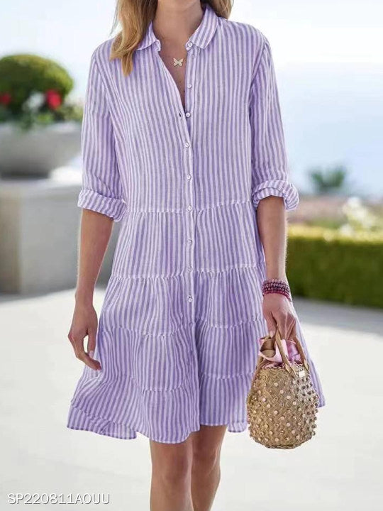 Striped Long-Sleeve Lapel Button Shirt Dress for Women