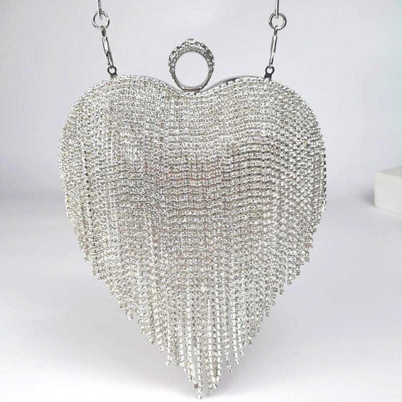 Women's Heart-Shaped Tassel Diamond Dinner Handbag 17x20x9cm Black Gold Silver