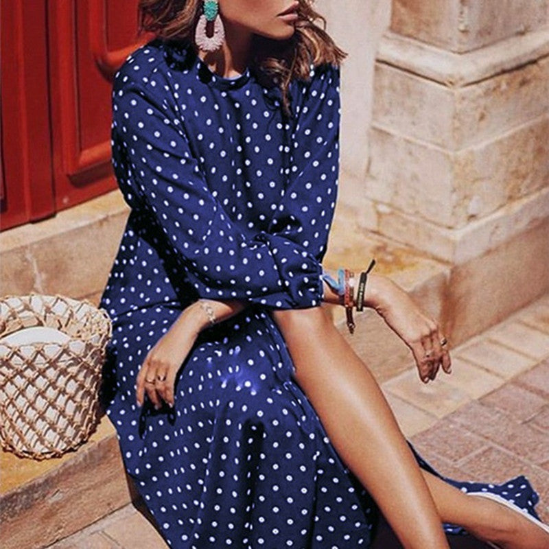 Polka Dot Chiffon Long Sleeve Dress with Elastic Waist