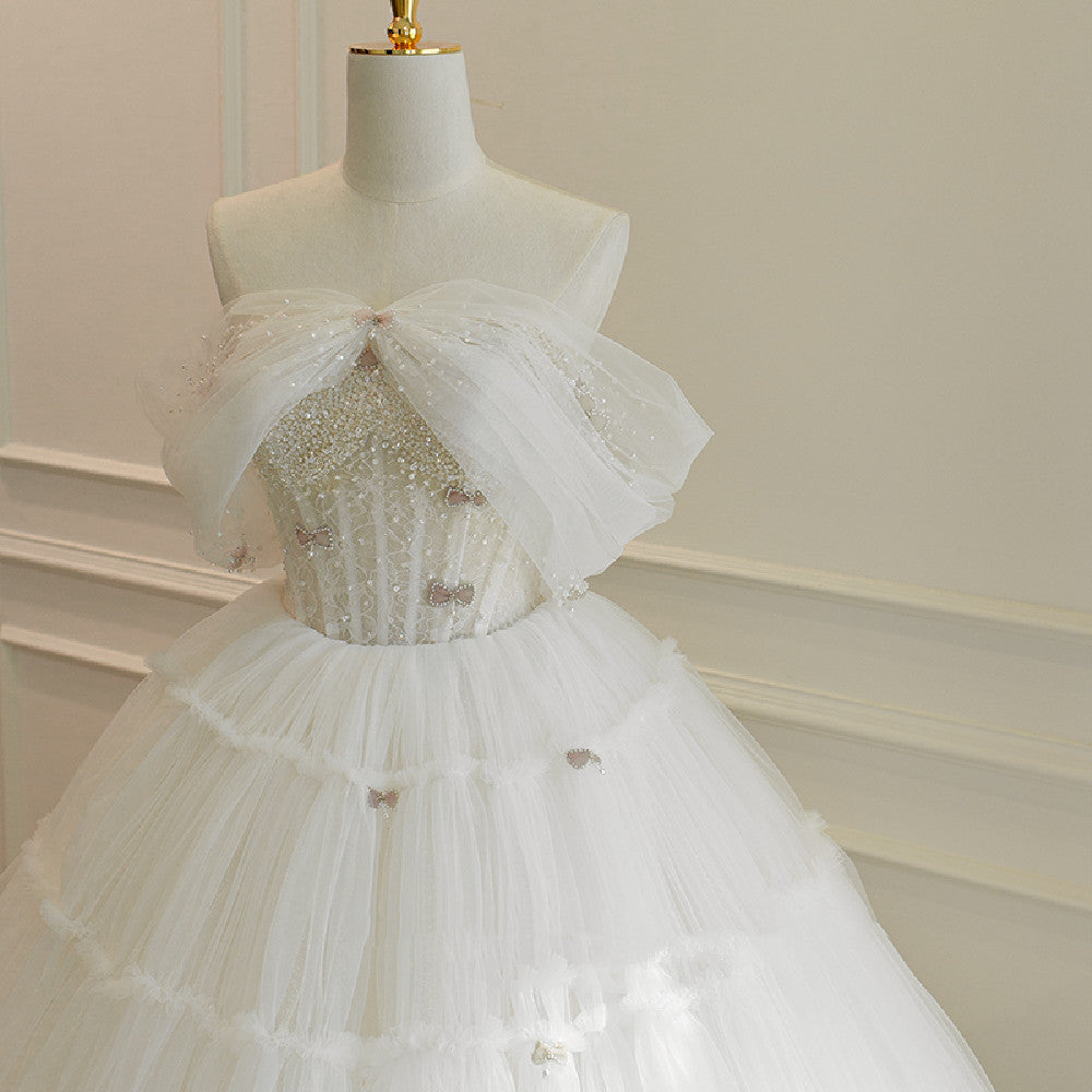 White Tencel Bow Crystal Cake Skirt with Nail Beads