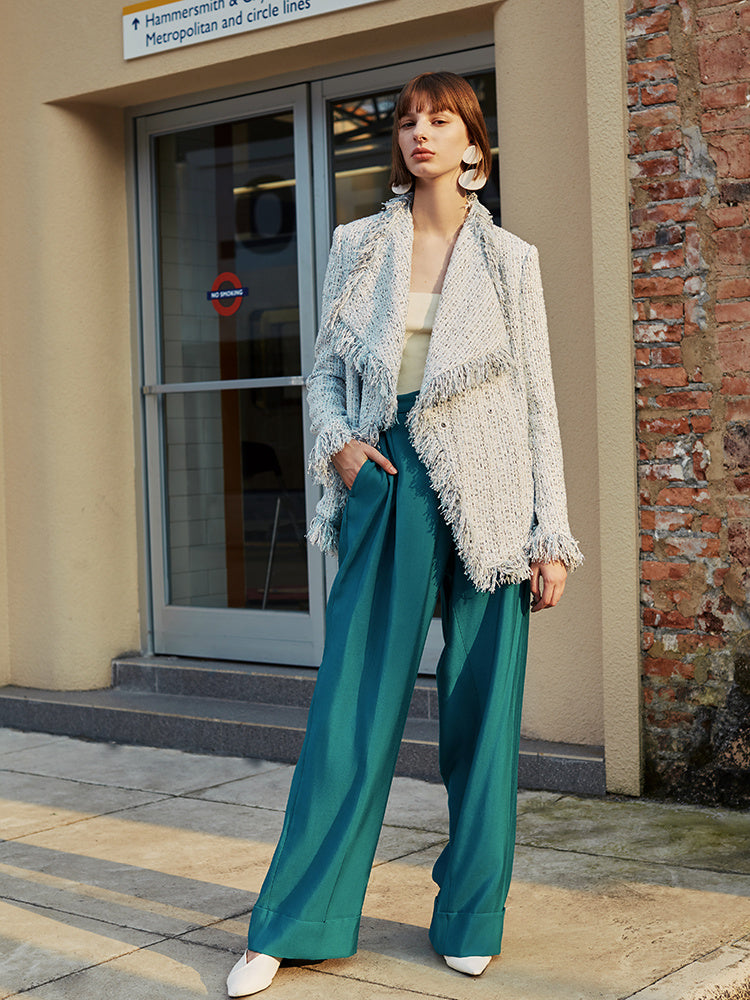 Veste en laine à franges pour femme à grand revers, coupe ajustée