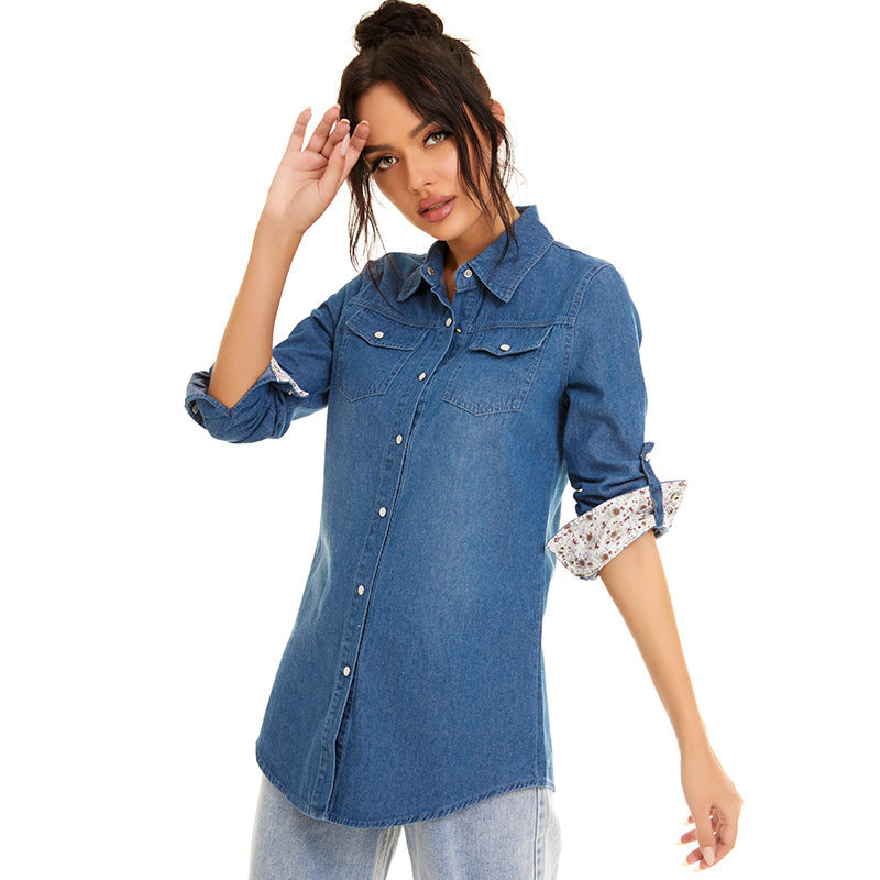 Veste-chemise mi-longue en jean pour femme avec broderies florales