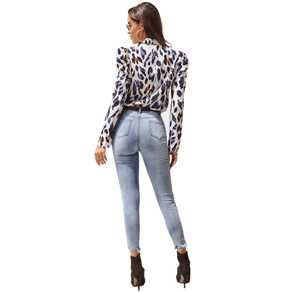 White Leopard Print Top with Lantern Sleeves and High Collar