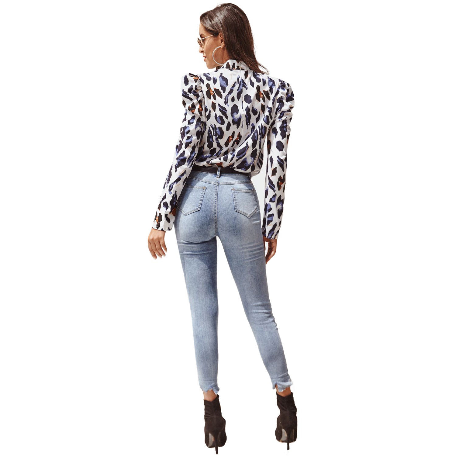 White Leopard Print Top with Lantern Sleeves and High Collar