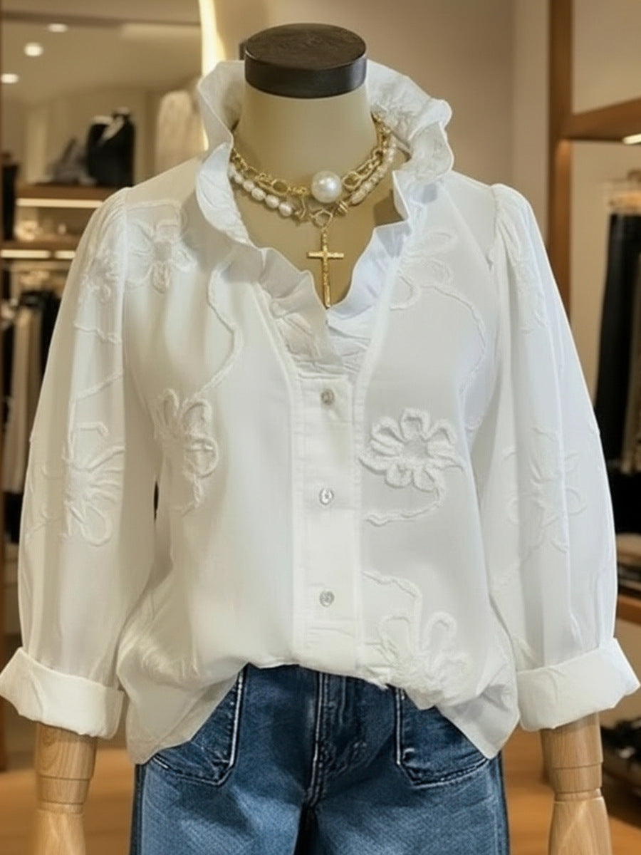 Chemisier en coton et lin brodé de dentelle