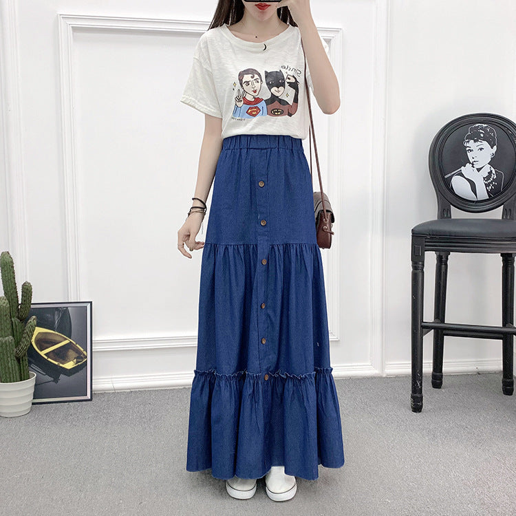 Vintage Minimalist High Waist A-Line Denim Skirt in Light & Deep Blue
