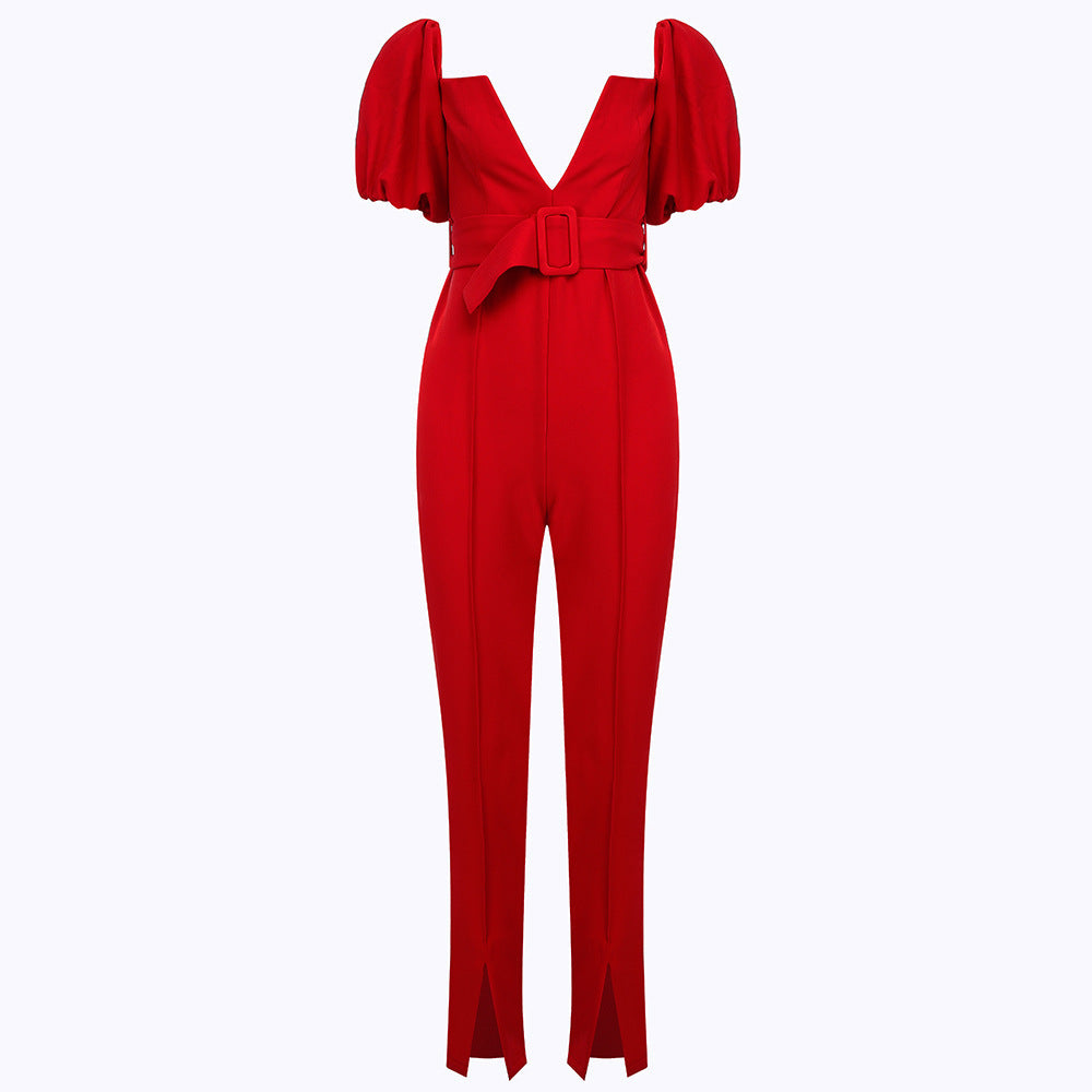 V Puff Sleeve Skinny Slim Hip Cover Jumpsuit