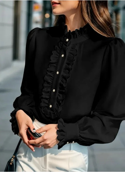 Stand-Up Collar Long-Sleeve Shirt with Lotus Leaf Hem - 100% Polyester