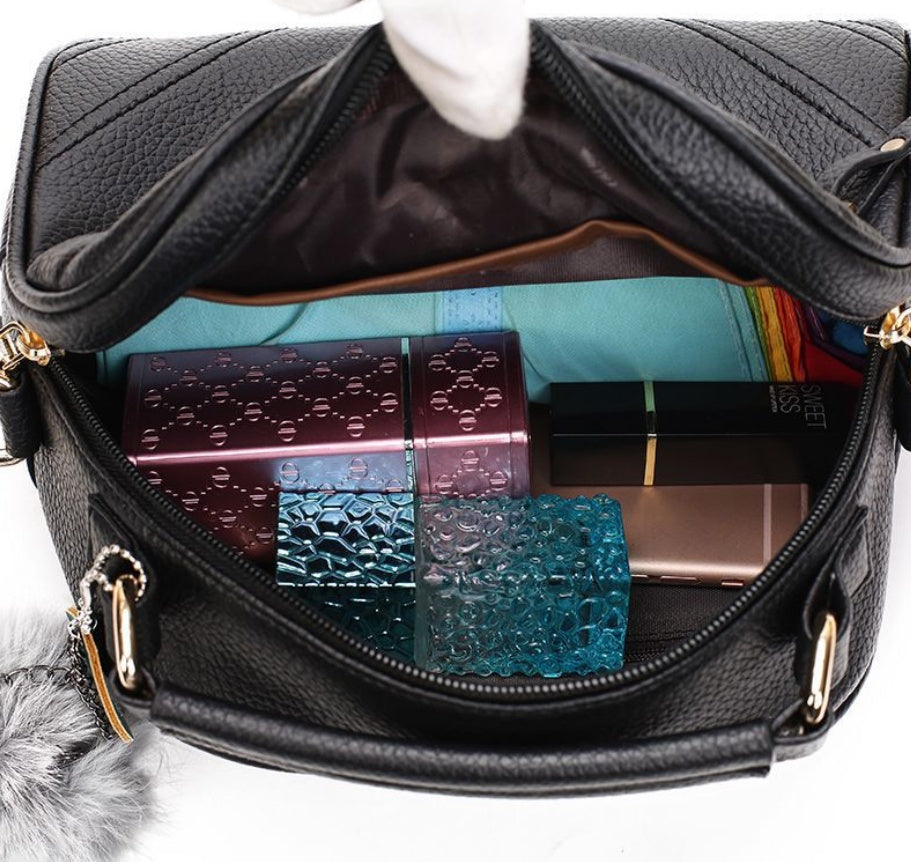 Large PU Leather Shoulder Bag with Hair Ball Pendant and Telescopic Handle, 5 Inch, Multiple Colors