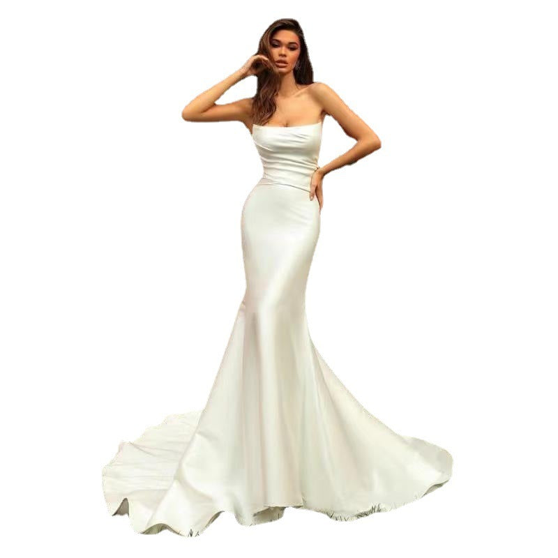 Women's White Satin Tube Top Fishtail Gown