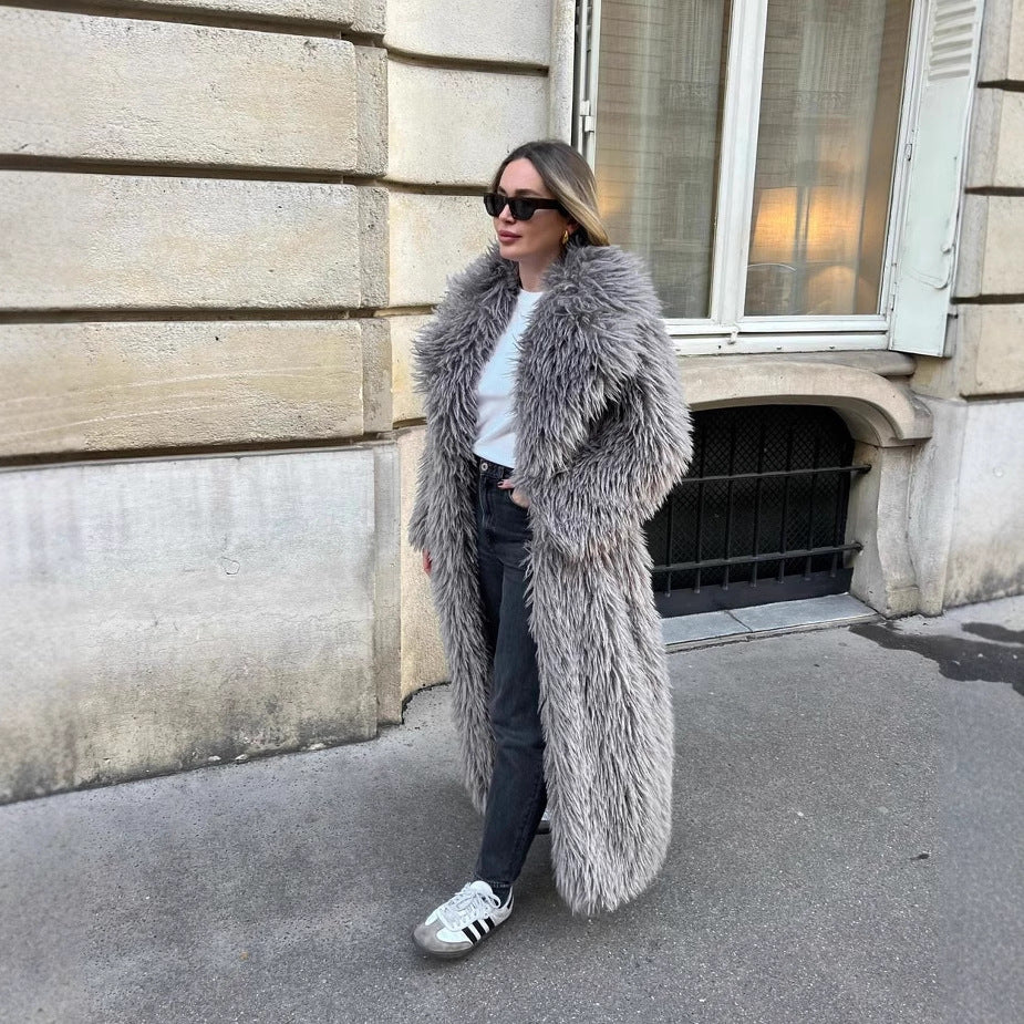 Gray Lapel Plush Coat Warm Thickened Fleece-Lined