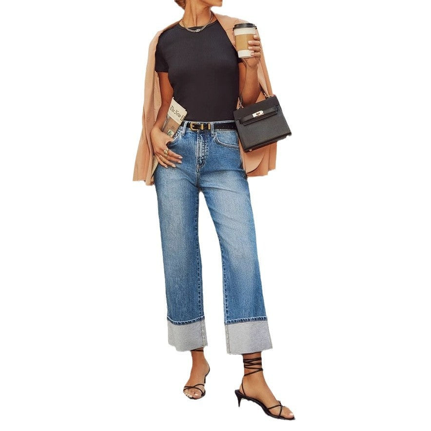 Retro Elastic High Waist Straight Jeans for Women