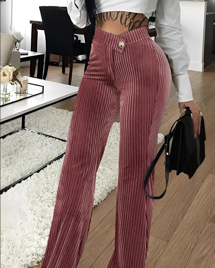 Gold Velvet Striped Casual Women's Pants