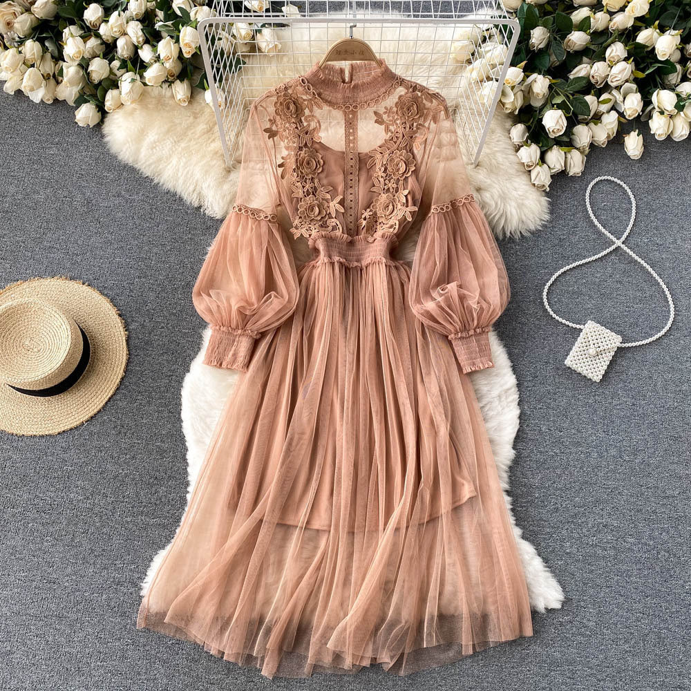 Mesh Stand Collar Lantern Sleeve High Waist Slimming Suspenders Dress