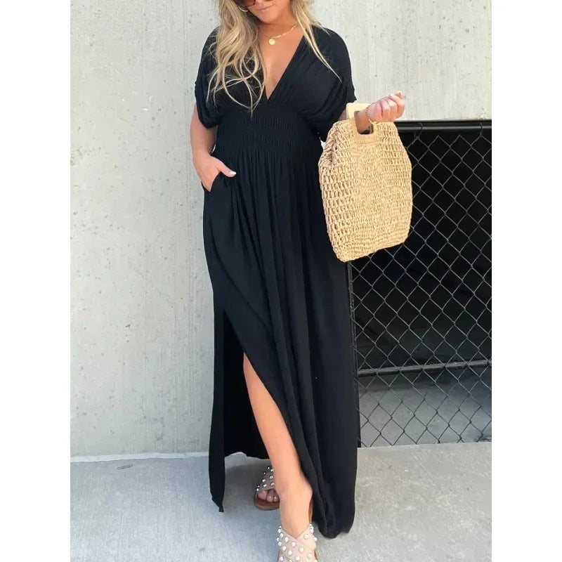 Fashion Bat-Sleeve V-Neck Slit Dress Summer Short Sleeve Elastic Waist Women’s Long Dress