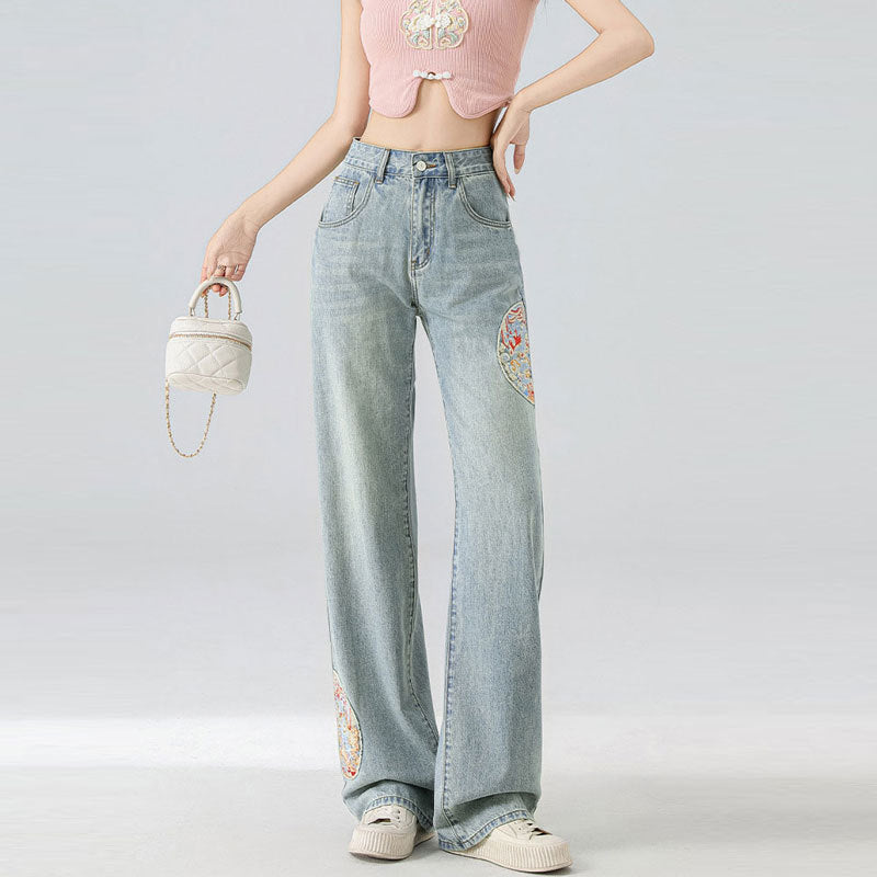High Waist Light Blue Embroidered Wide Leg Cotton Denim Trousers