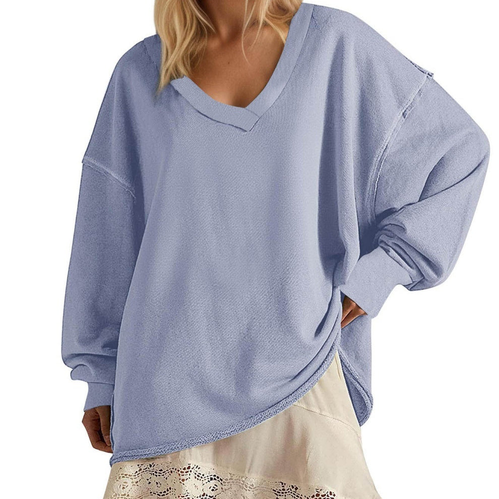 بلوزة جديدة بلون موحد، بياقة على شكل حرف V، فضفاضة، بأكمام طويلة للنساء