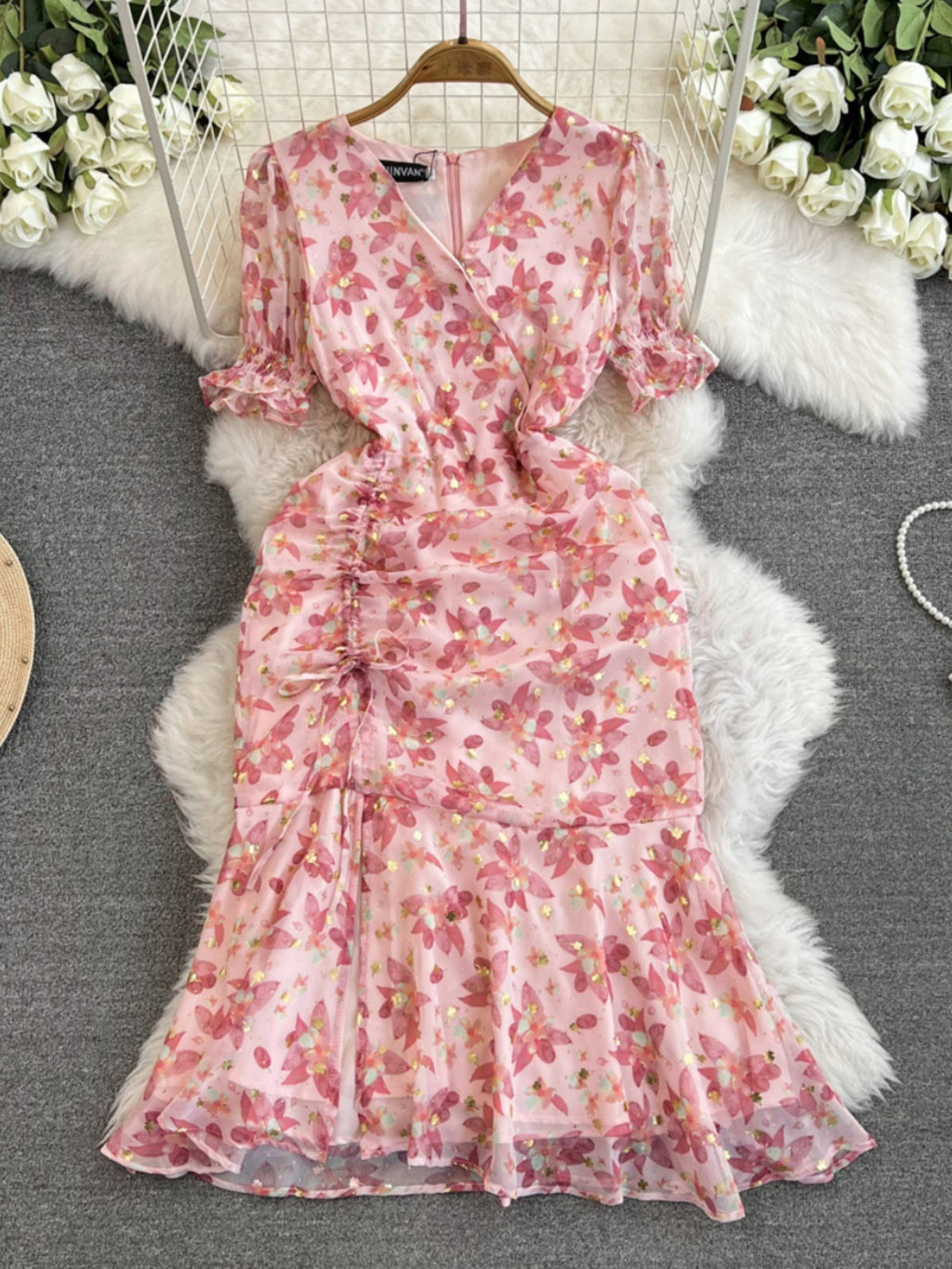 Pink Small Floral Chiffon Slim Fishtail Dress with Princess Sleeves