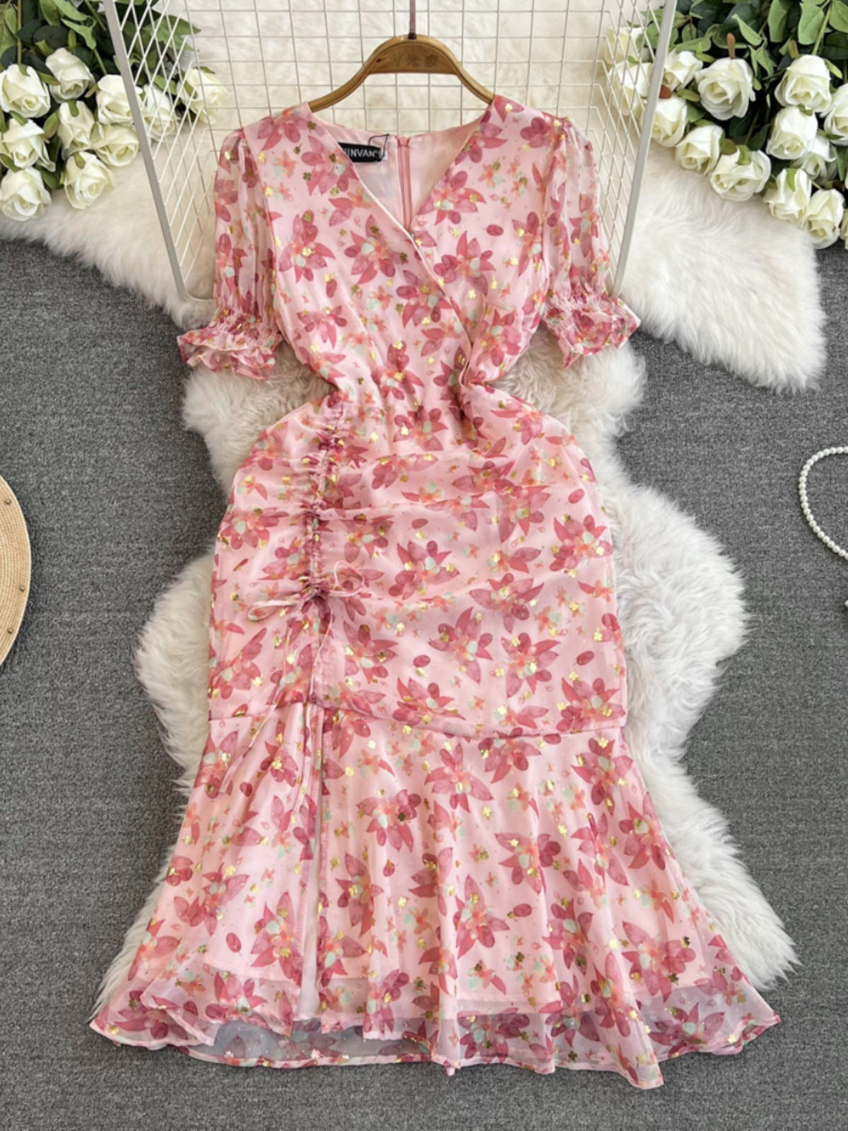 Pink Small Floral Chiffon Slim Fishtail Dress with Princess Sleeves