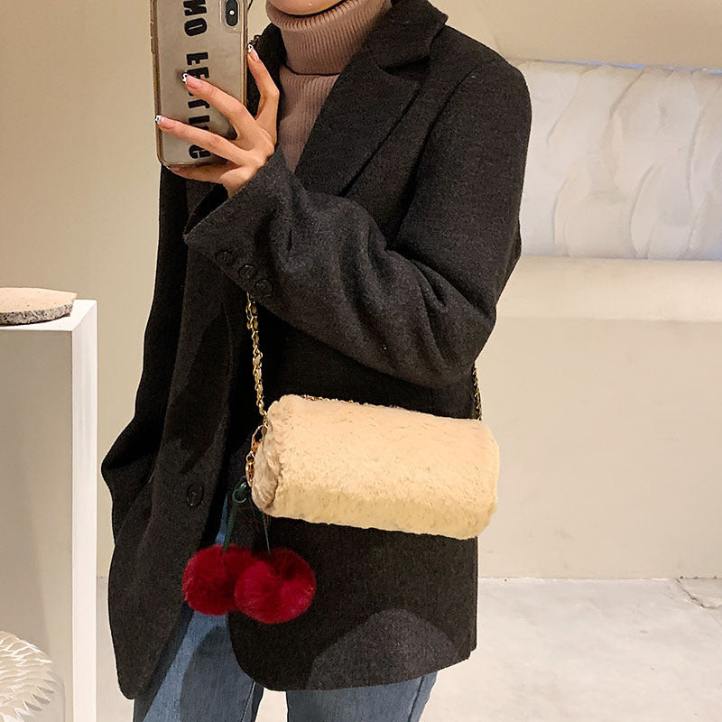 Winter Plush Cylinder Baguette Bag with Cherry Metal Chain
