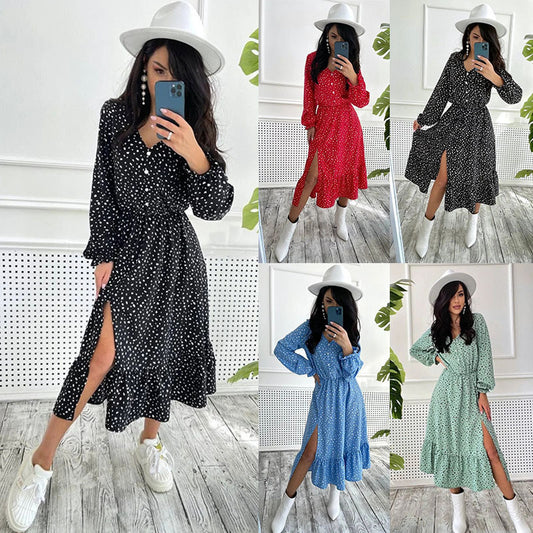 Women's V-neck Fashion Casual Polka Dot Long Dress Split Beach Dress