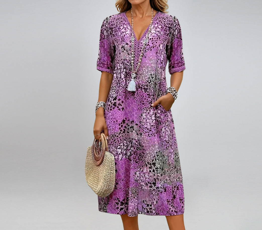 Robe d'été à col en V et demi-manches avec imprimé ethnique et poches pour femme