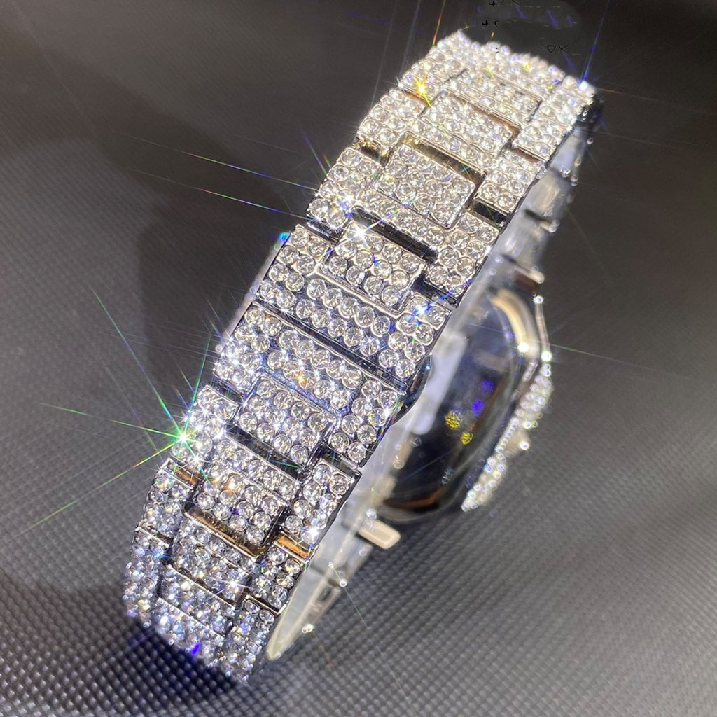 Montre carrée hip-hop pour homme incrustée de diamants – Or et argent, multifonctionnelle
