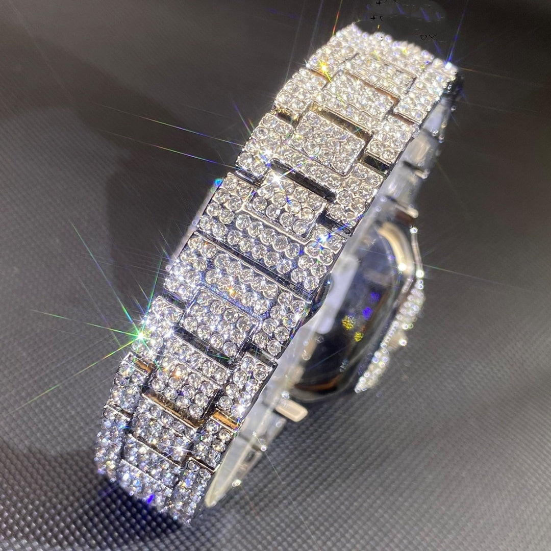 Montre carrée hip-hop pour homme incrustée de diamants – Or et argent, multifonctionnelle