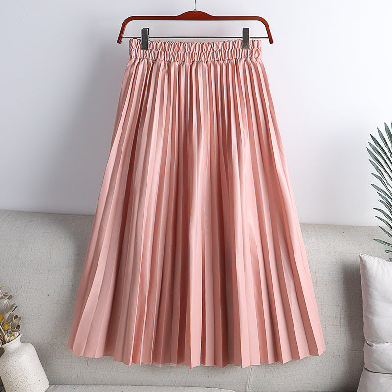 High Waist Mid-Length PU Leather Pleated Skirt for Women Solid Color