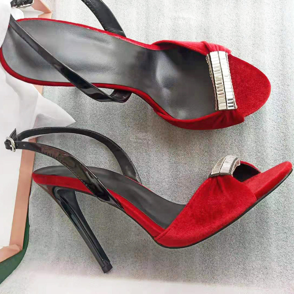 European & American Black & Red Velvet Rhinestone High Heel Sandals