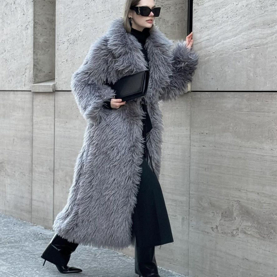 Gray Lapel Plush Coat Warm Thickened Fleece-Lined