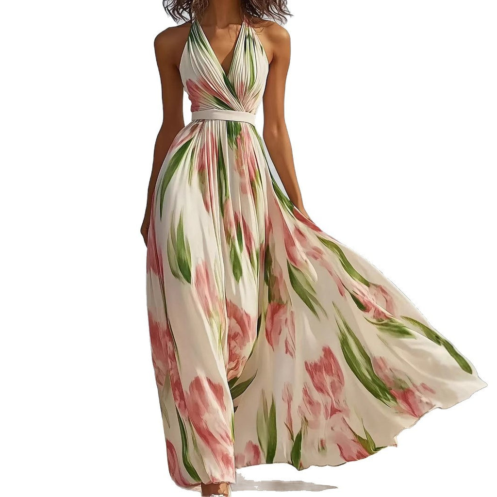Robe d'été sans manches à col en V imprimée en polyester blanc cassé