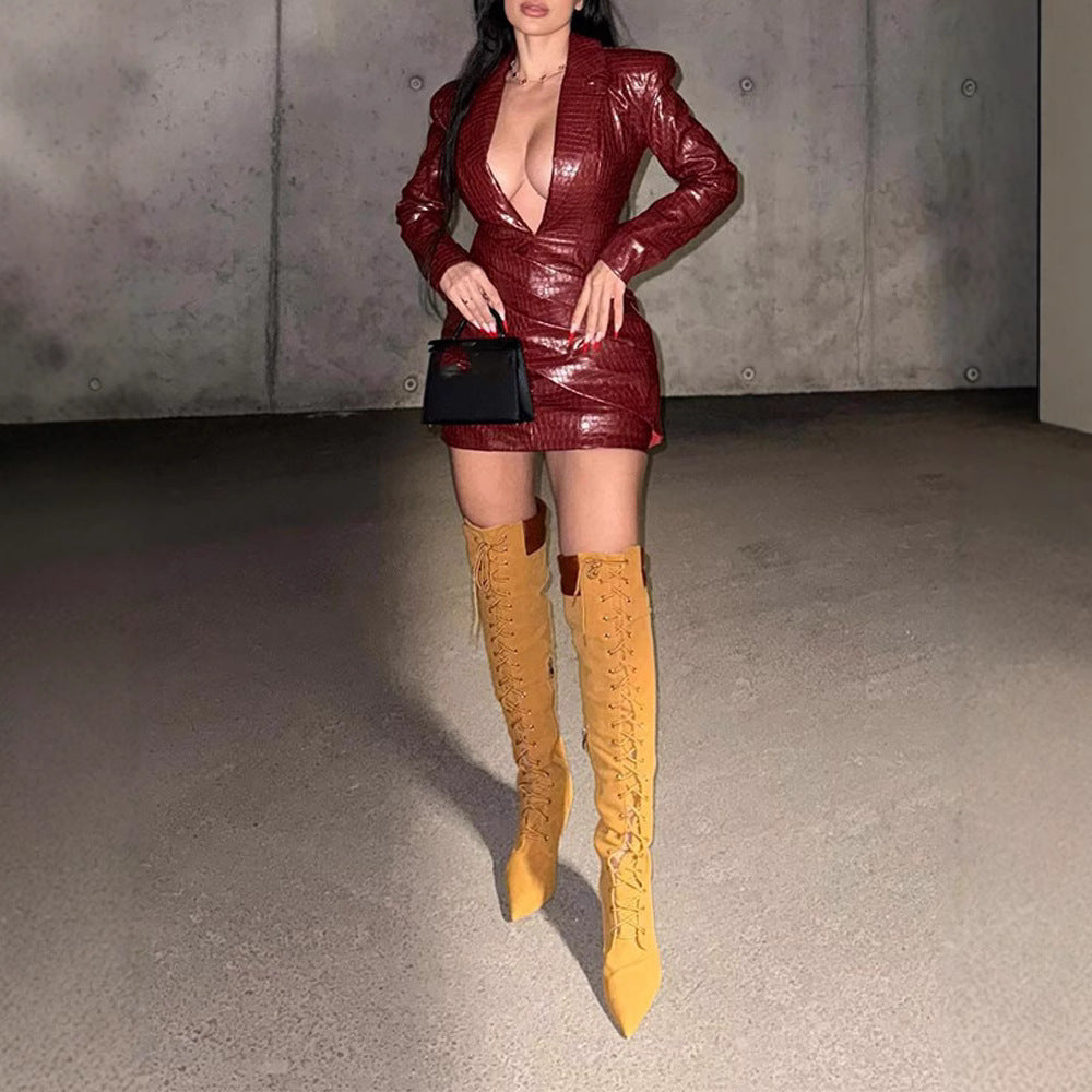 Long Sleeve High Waist Wine Red PU Leather Mini Dress