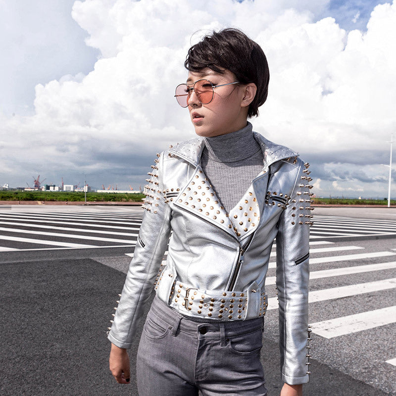 Women's Punk PU Leather Motorcycle Jacket with Rivets and Stand Collar
