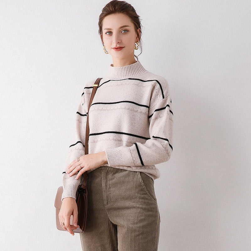 Wool Colorblock Half High Round Neck Turtleneck Sweater