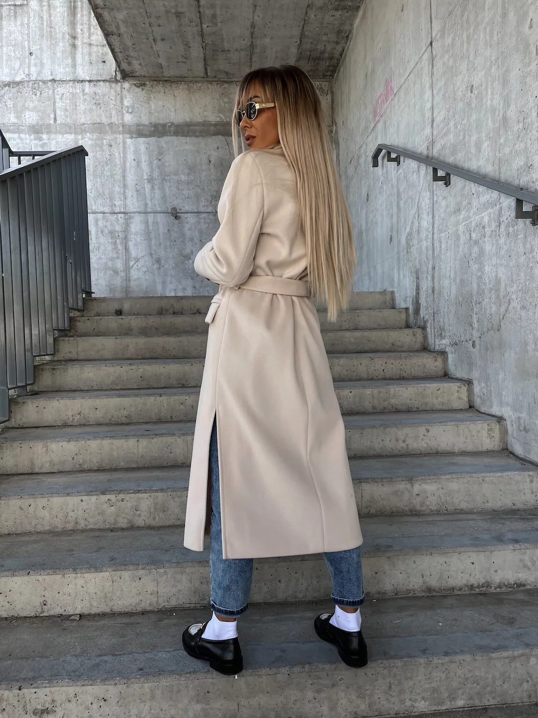 Double-Breasted Lapel Belted Long Sleeve Winter Jacket for Women