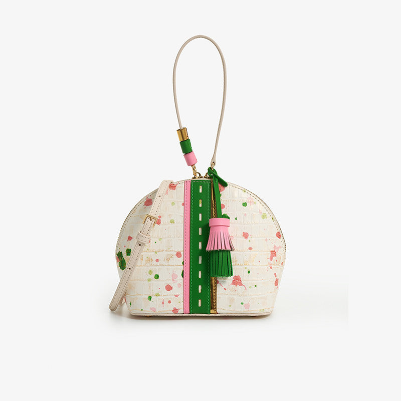 Sac à bandoulière personnalisé en cuir véritable à pompons pour femme en forme de coquille