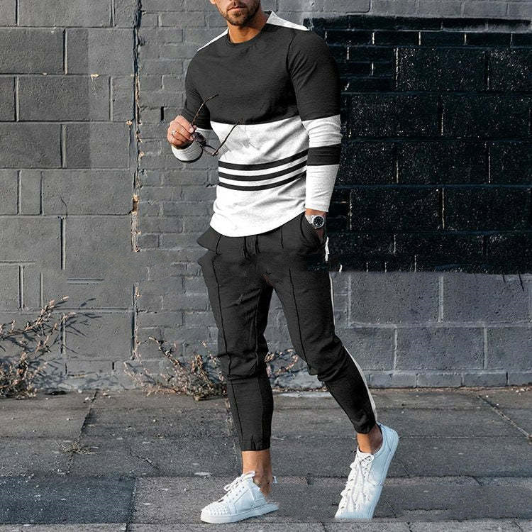 Men's Casual Round Neck Sweatshirt Pullover Two-piece Set
