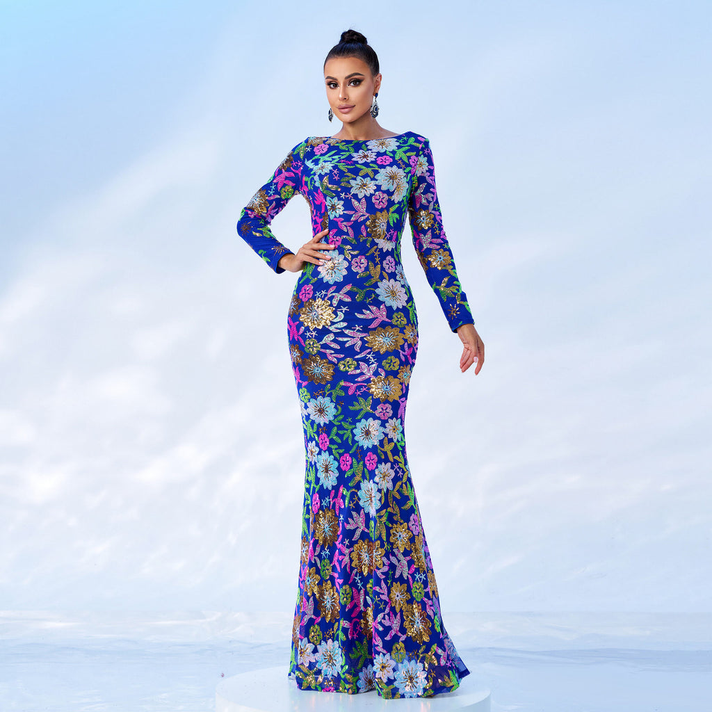 Long Sleeve Sequined Evening Gown Crew Neck Bridesmaid Dress