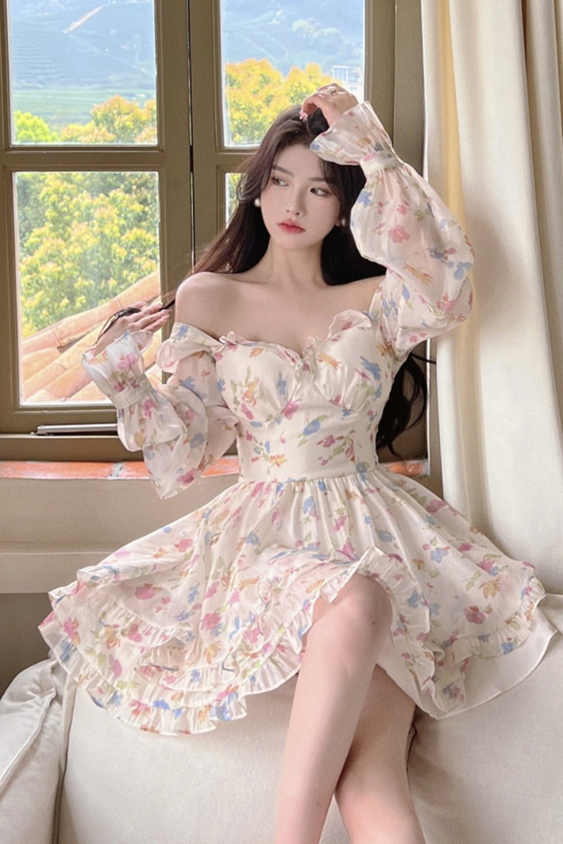 Women's French V-Neck High Waist Floral Chiffon Dress